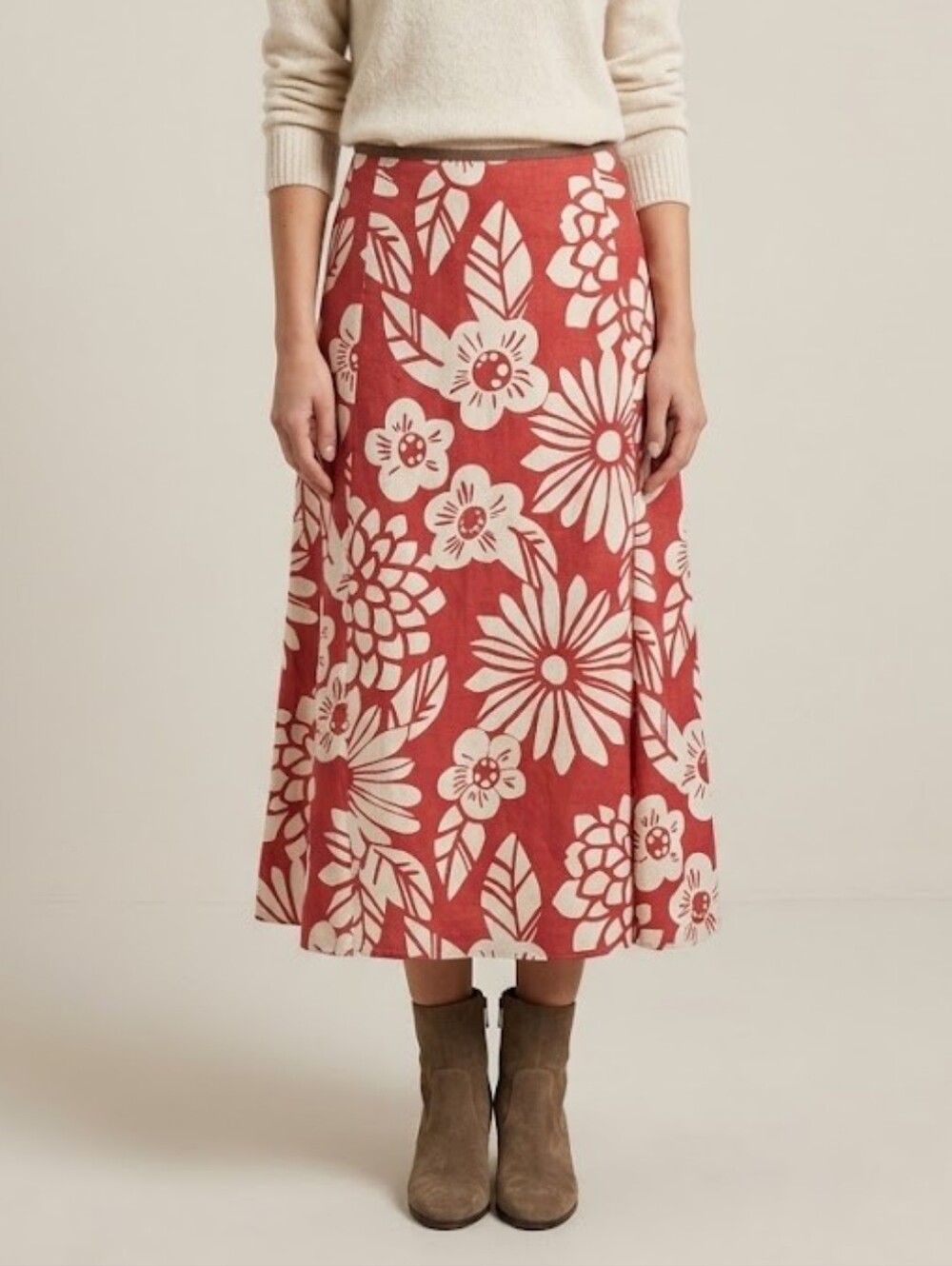 Red Floral Print Midi A-Line Skirt Cream Flower Pattern Boho Fall Aesthetic 14R